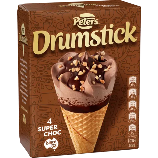 Peters Drumstick Super Choc Cones 4 Pack 475ml