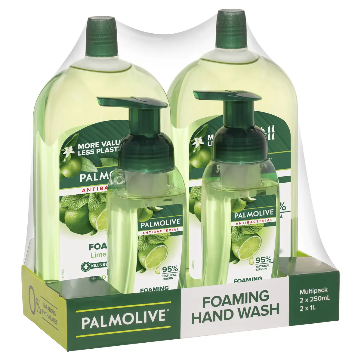 Palmolive Foaming Antibacterial Liquid Hand Wash Soap, Multipack 2x250mL Pump, 2x1L Refill, Lime & Mint