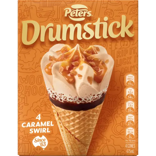 Peters Drumstick Caramel Swirl Cones 4 Pack 475ml