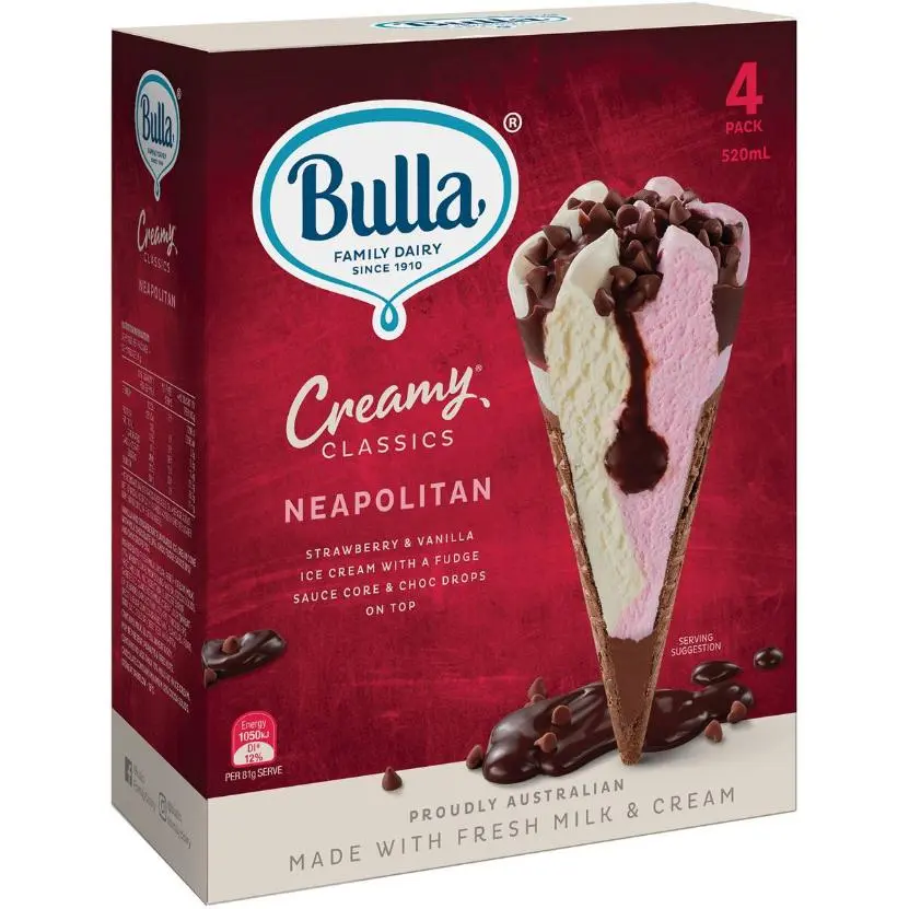 Bulla Creamy Classics Cones Neapolitan 4pk