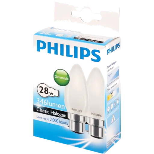 Philips Classic Halogen Light Bulb Candle 28W B22 Frosted 2pk