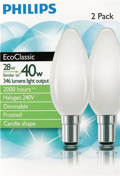 Philips Halogen Light Bulb Candle 28W B15 Frosted 2 pack