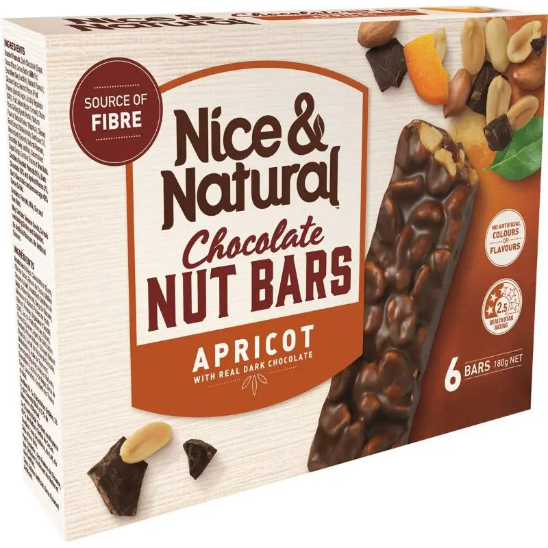 Nice&Natural Dark Choc Nut Bars Apricot 6pk 180g