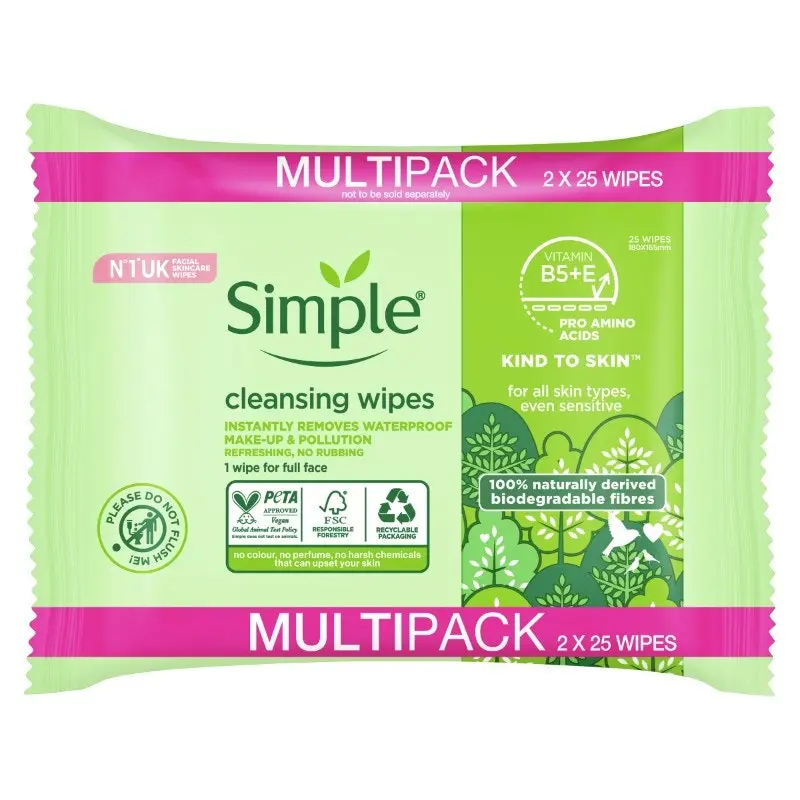 Simple Facial Wipes Biodegradable Cleansing 50 EA
