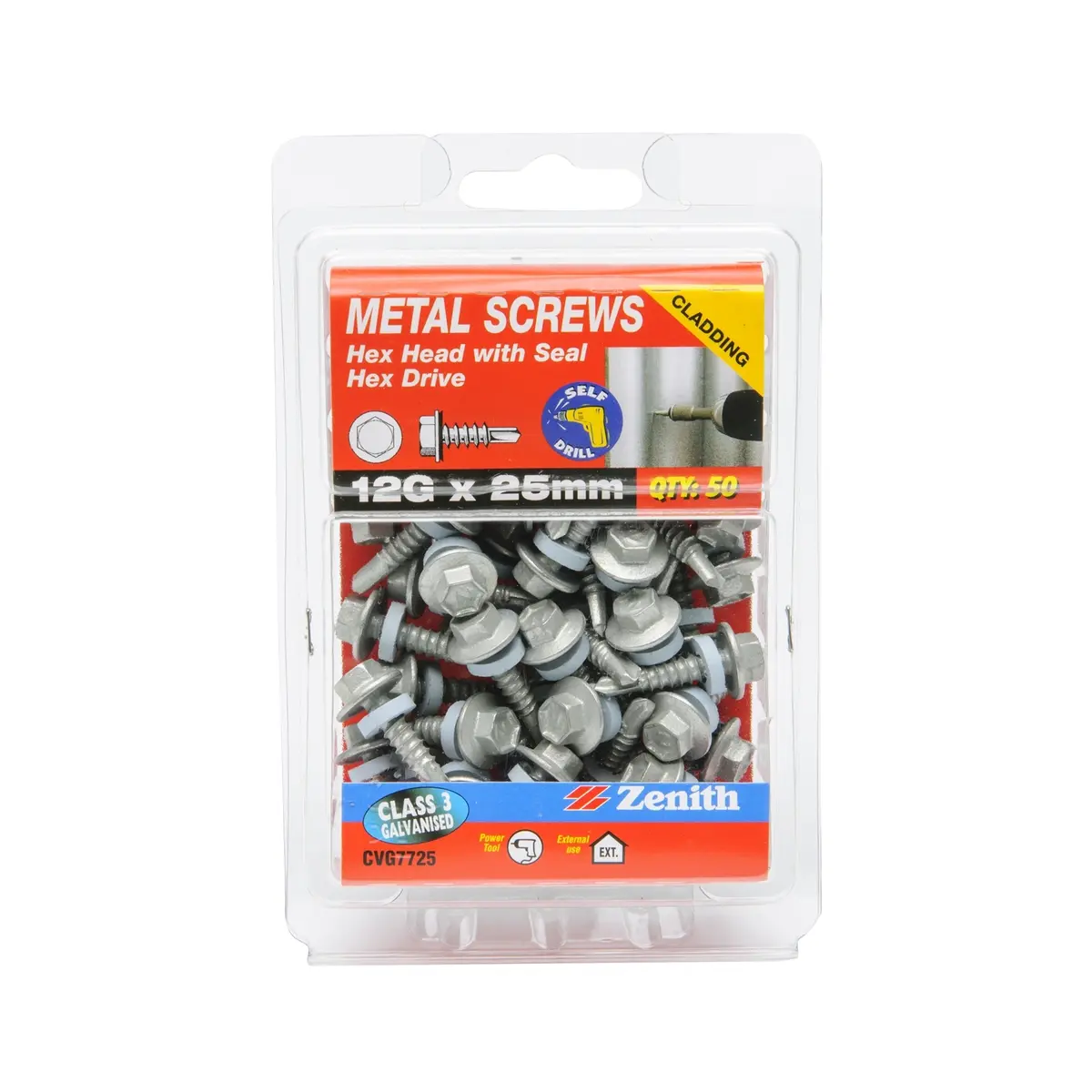 Zenith Metal Screws Cladding Galvanised 12Gx25mm (50 Pack)