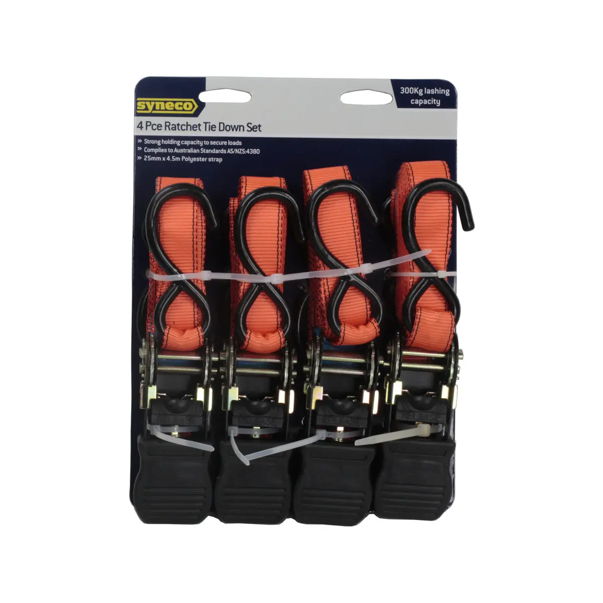 Syneco 25mm x 4.5m S Hook Ratchet Tie Down Set - 4 Pack