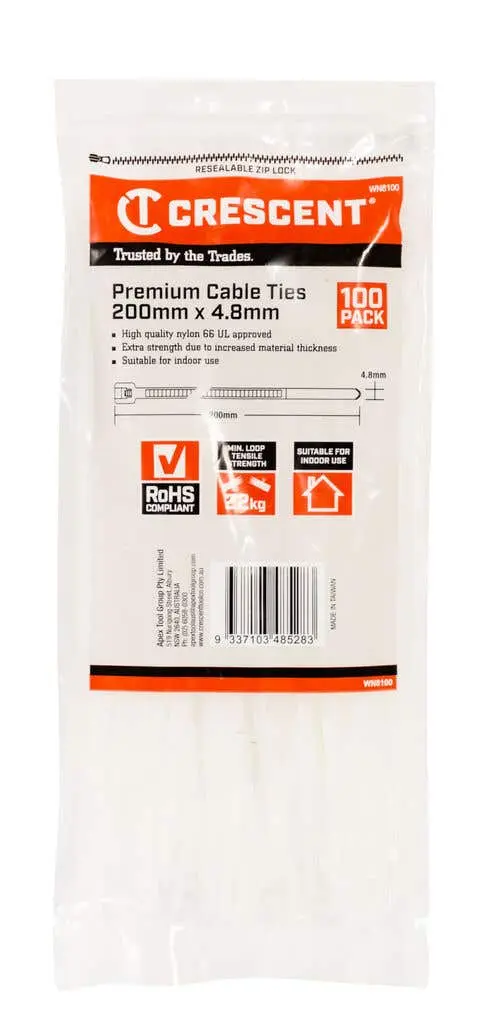 Crescent Cable Ties Clear 200 x 4.8mm 100pk