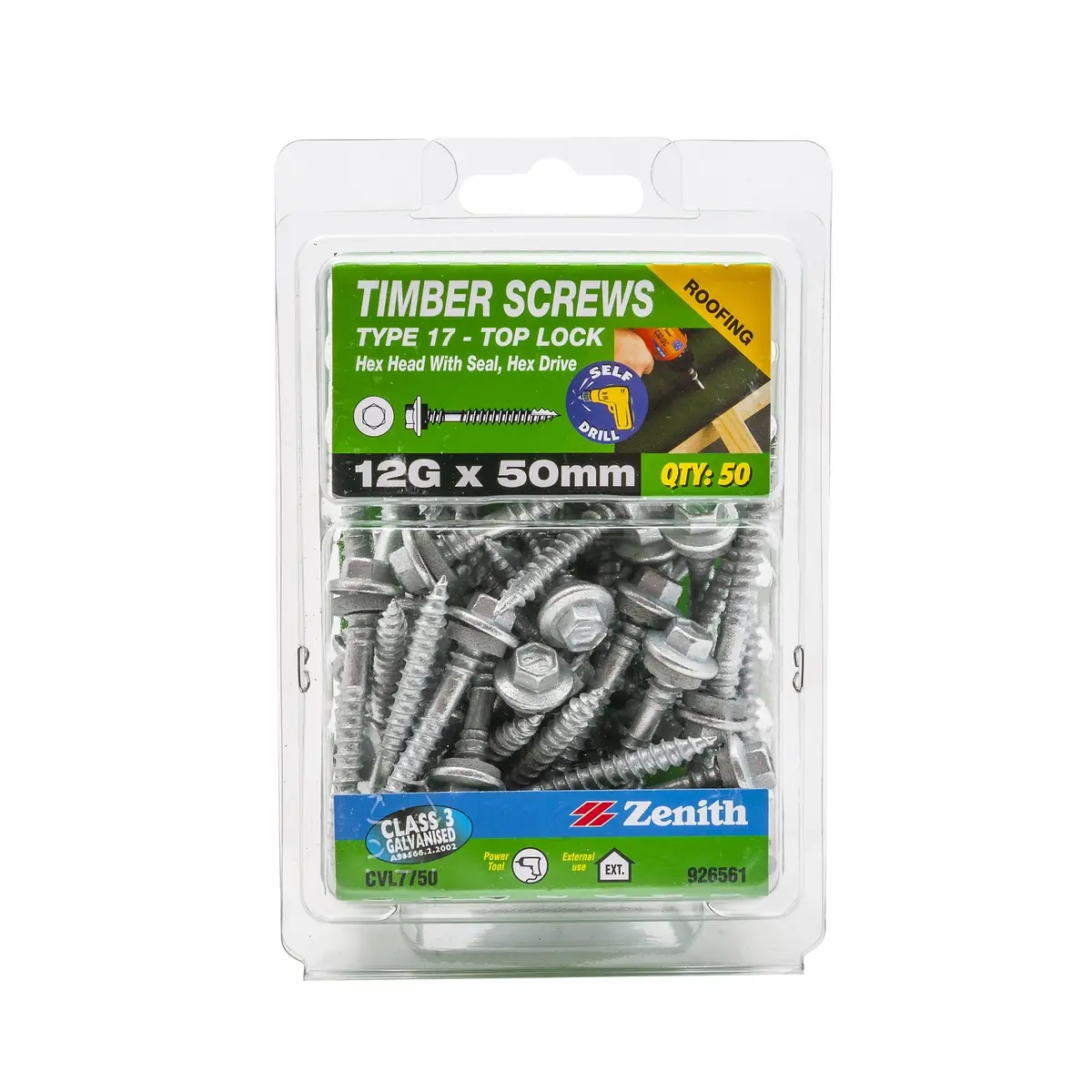 Zenith Timber Screws Hex Top Lock Galvanised 12Gx50mm
