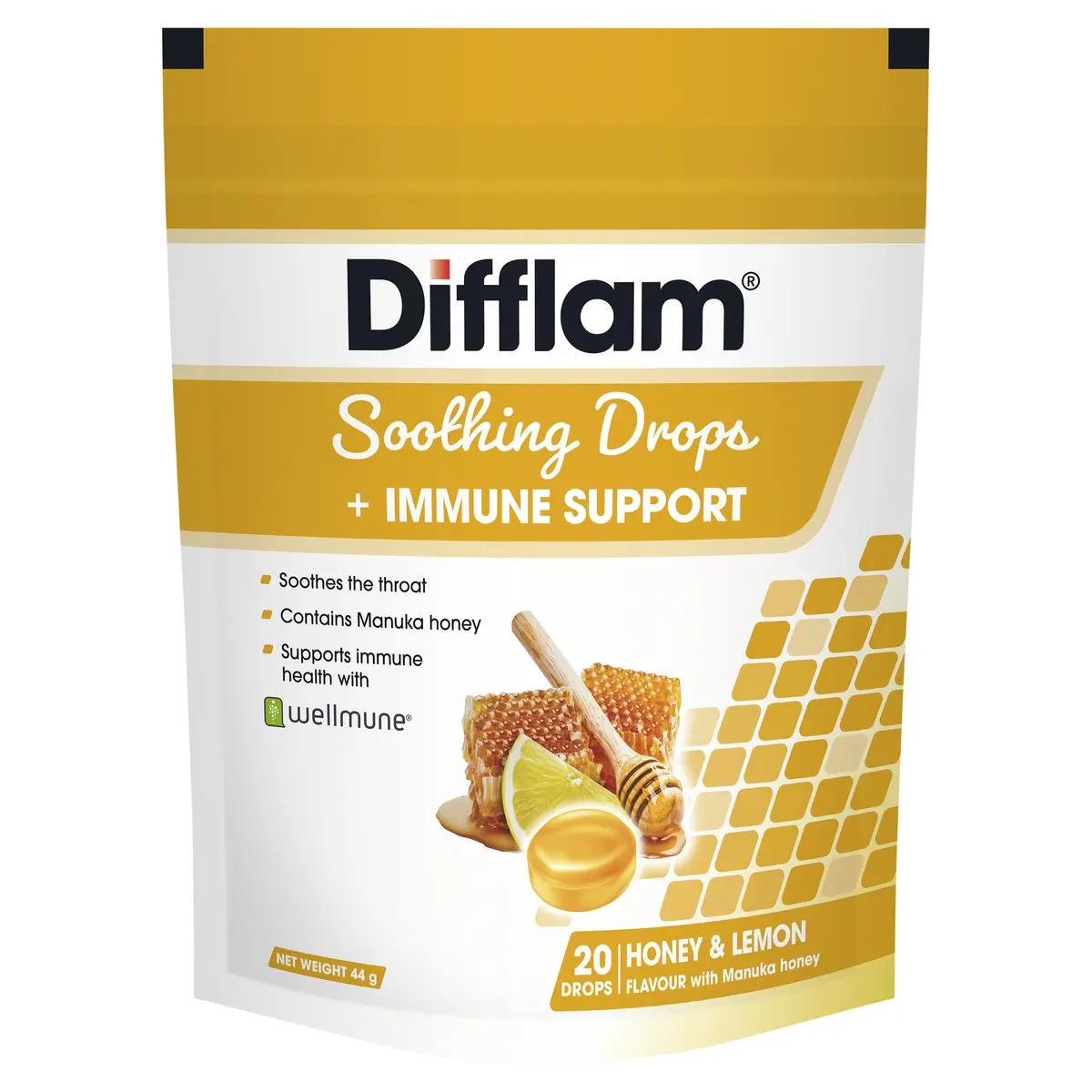 Difflam Soothing Drops + Immune Support Honey & Lemon 20 Pack