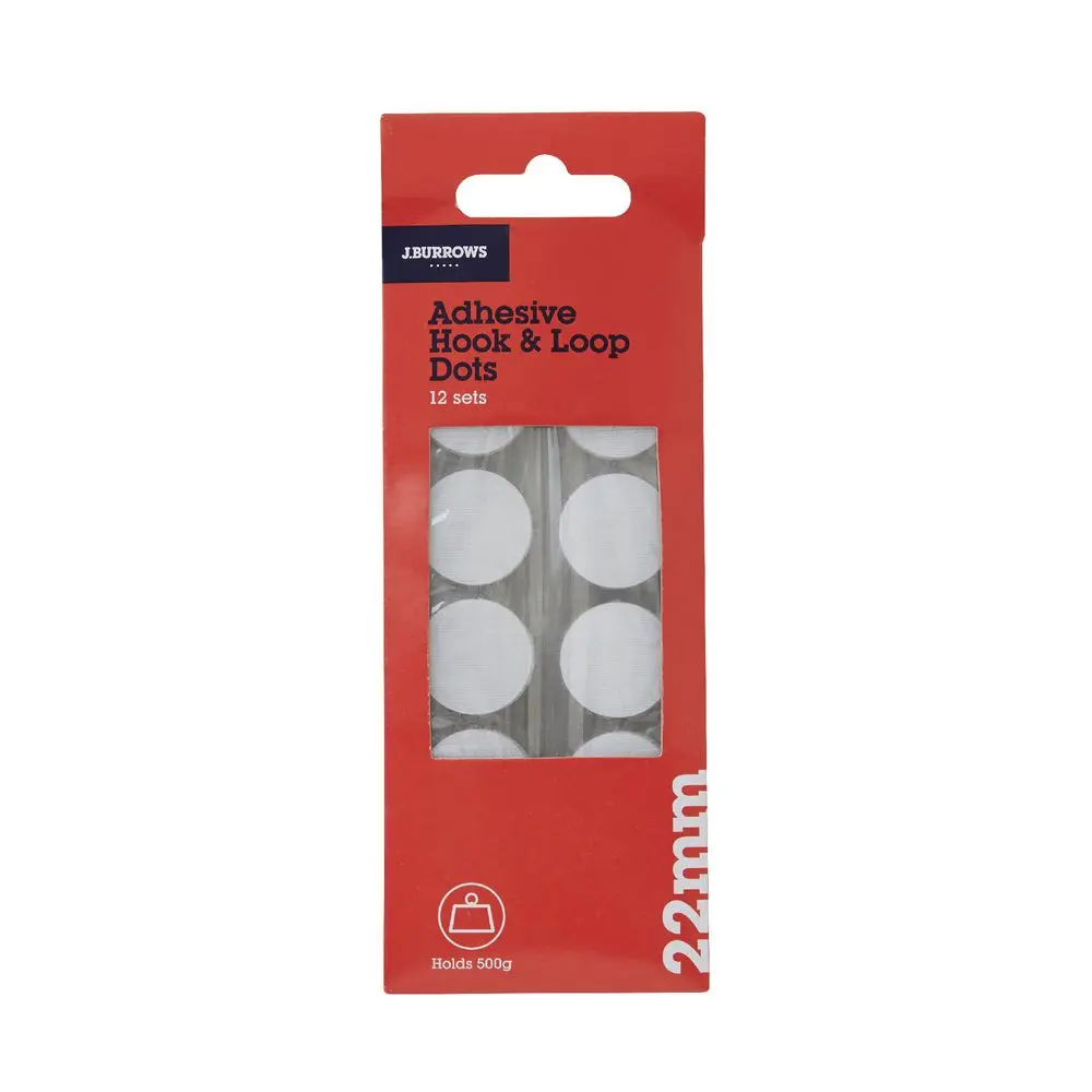 J.Burrows Hook and Loop Dots 22mm White 12 Pack