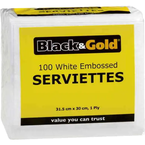 Black & Gold 100 White Embossed Serviettes