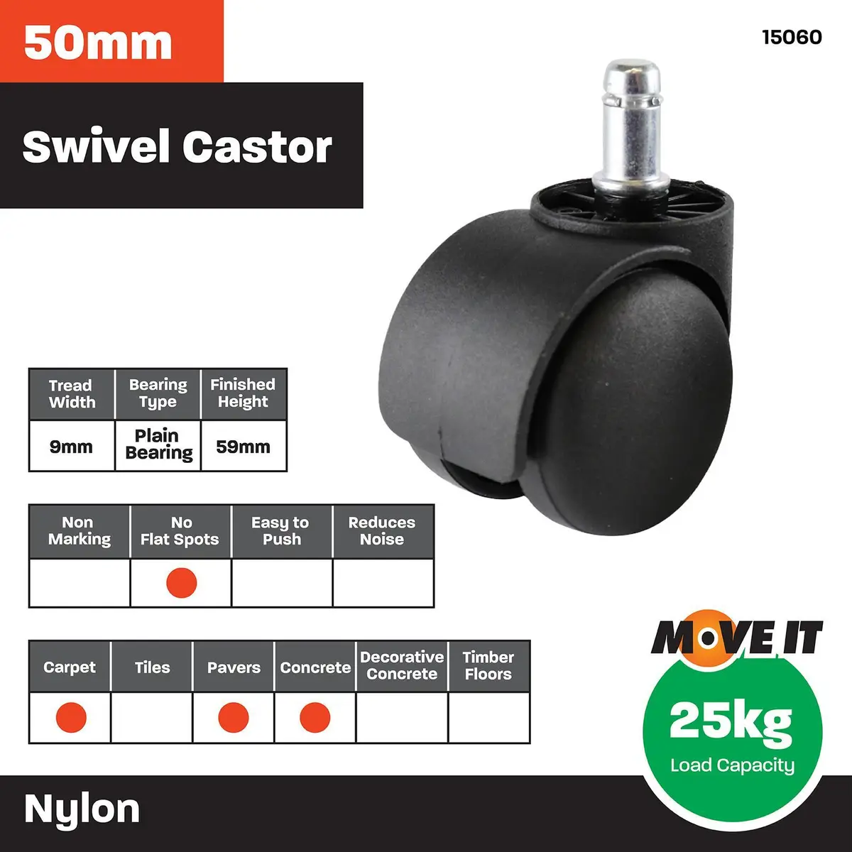 Move It 50mm Black Hooded Office Chair Castor - 2 Pack