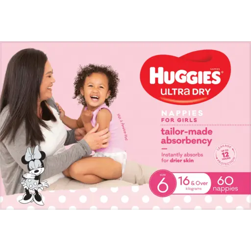 HUGGIES ULTRA DRY S6 JUNIOR GIRL NAPPIES 60PK