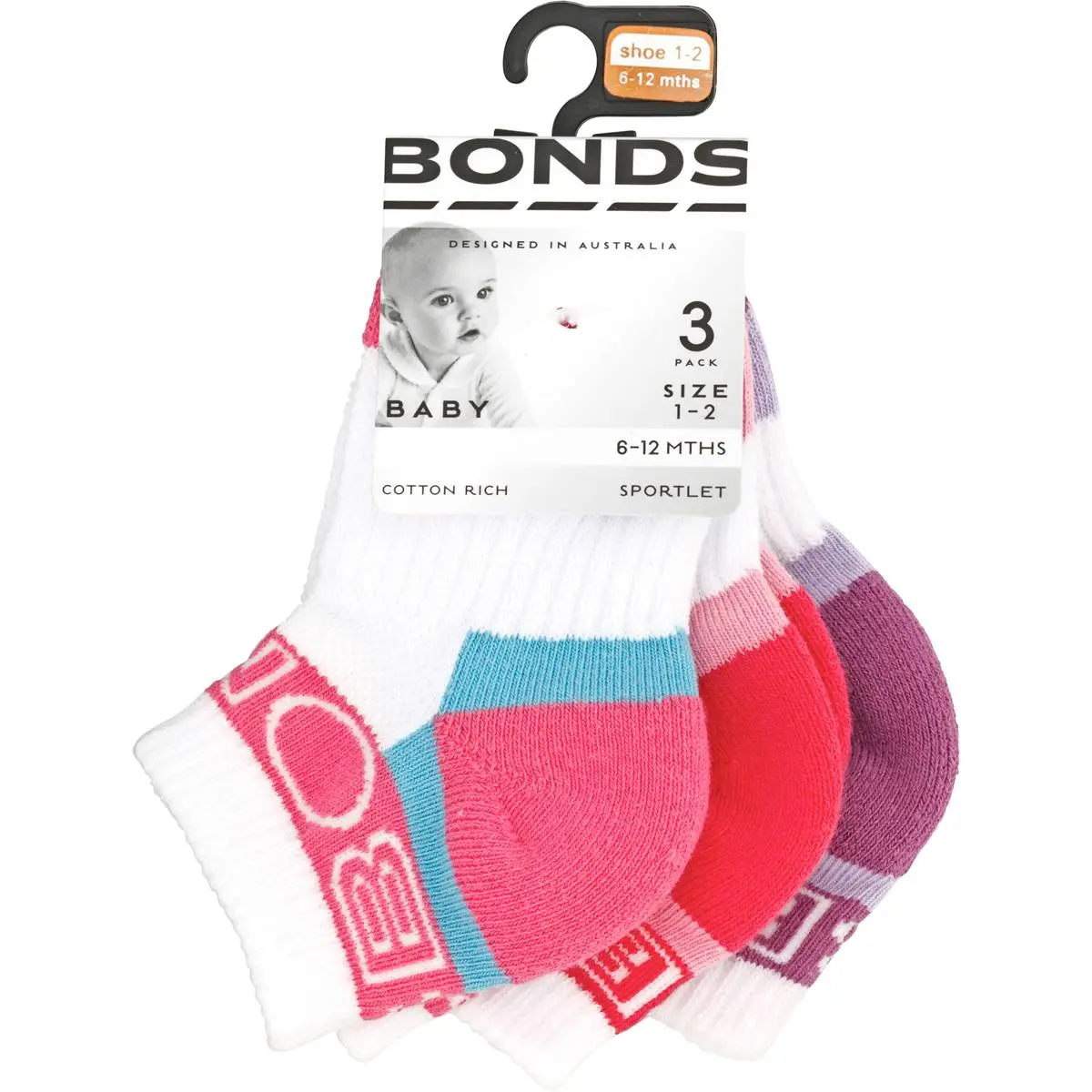 Bonds Baby Socks Active Qtr Crew 3pk