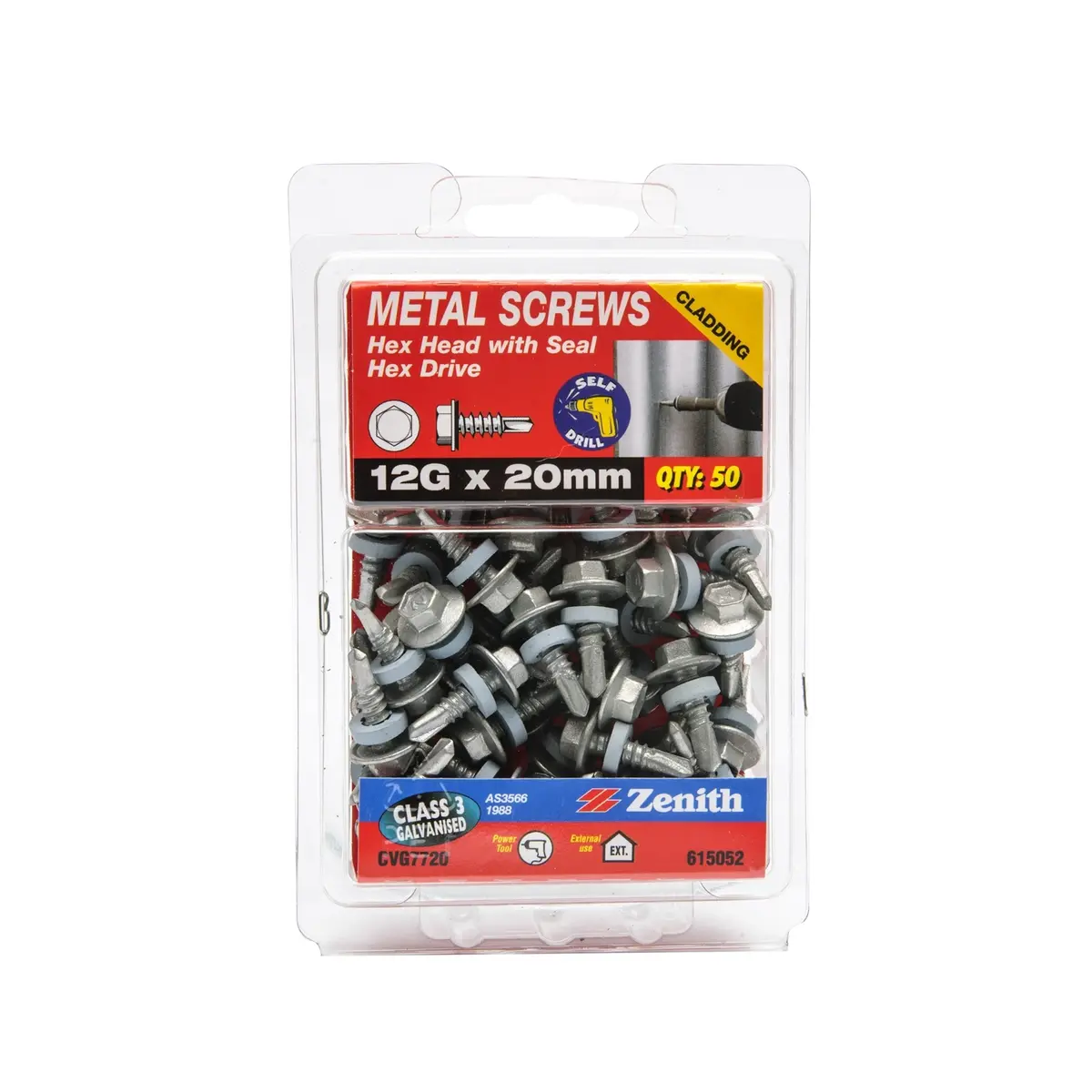 Zenith Metal Screws Hex w Seal 12Gx20mm (50 Pack)