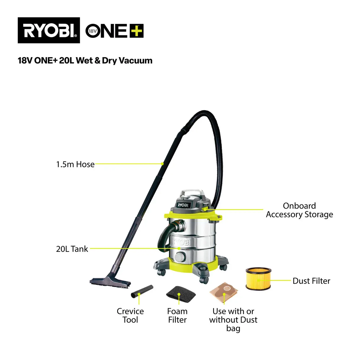 Ryobi Wet And Dry Vacuum Cleaner 1250w 20l Rvc-12201-g