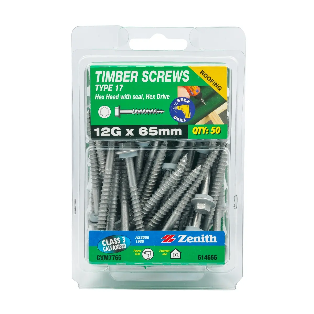 Zenith Timber Screws Hex w Seal Galvanised 12Gx65mm (50 Pack)