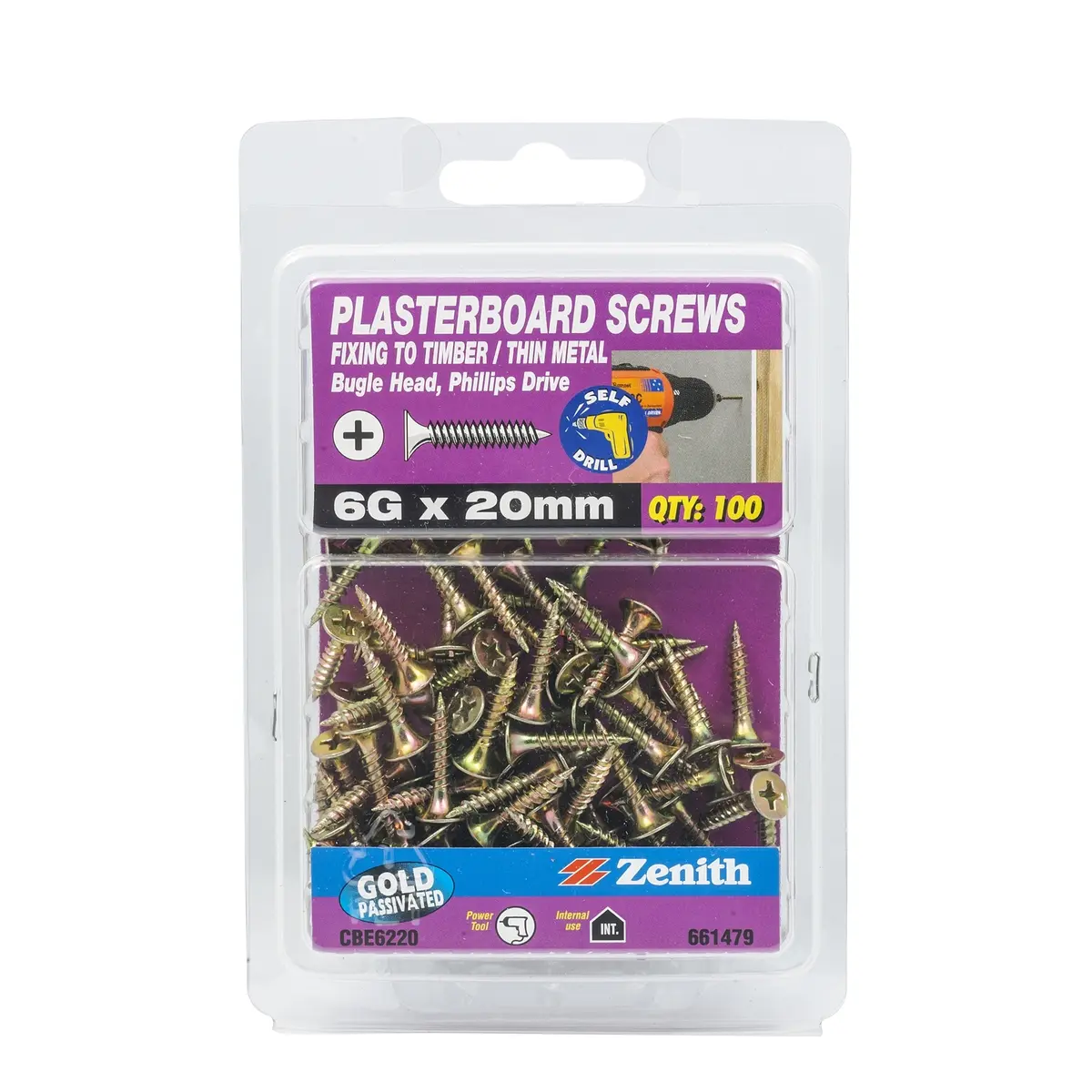 Zenith Plasterboard Screws Bugle Gold 6Gx20mm (100 Pack)