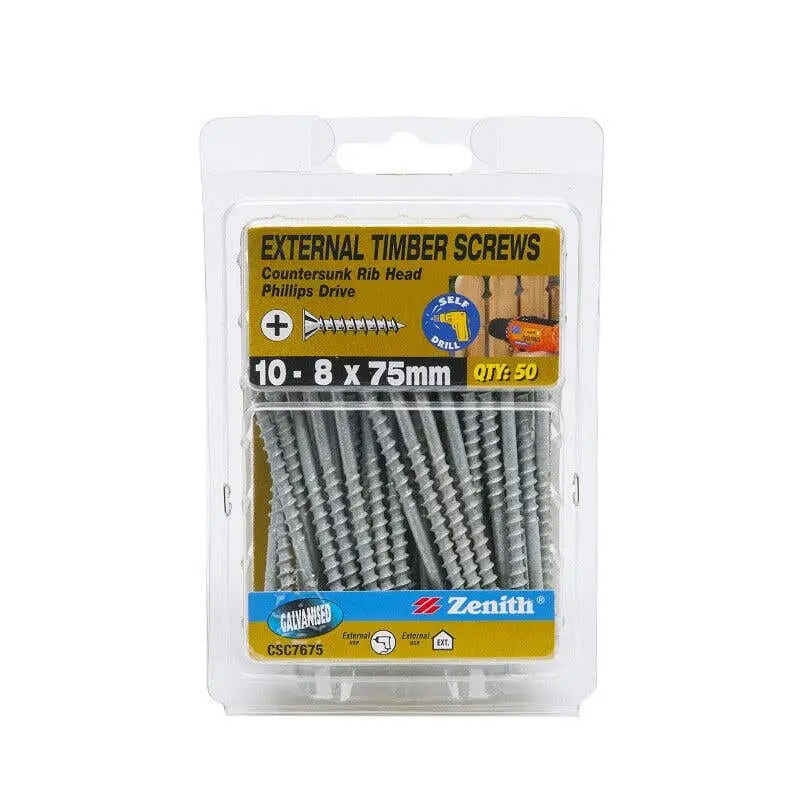 Zenith External Timber Screws Galvanised 10-8x75mm (50 Pack)