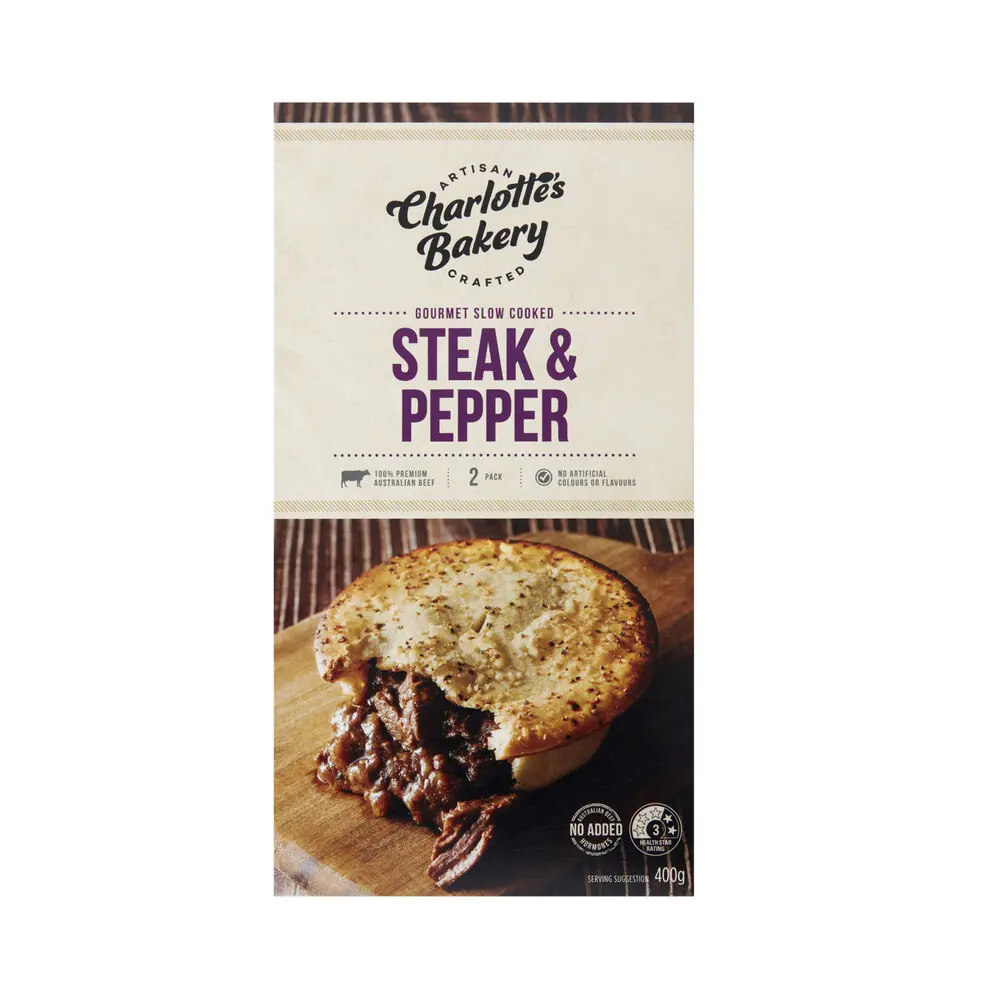 Charlotte's Bakery Gourmet Slow Cooked Steak & Pepper Pies 2PK 400g